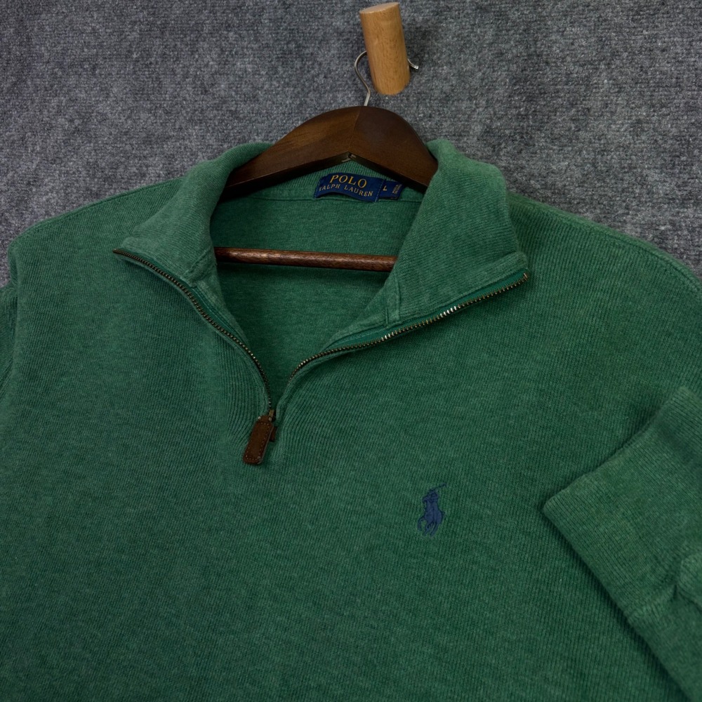 Polo Ralph Lauren Pullover Mens L Green Quarter Zip Cotton Knit Sweater Classic